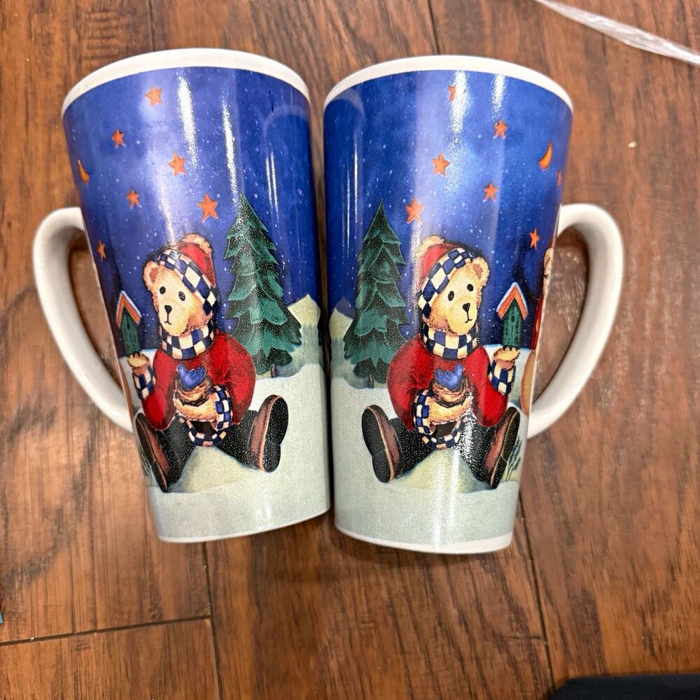 Encore Set 2 Christmas Teddy Bear Pictorial Ceramic Coffee Mugs 11oz L4K3N7 Q1